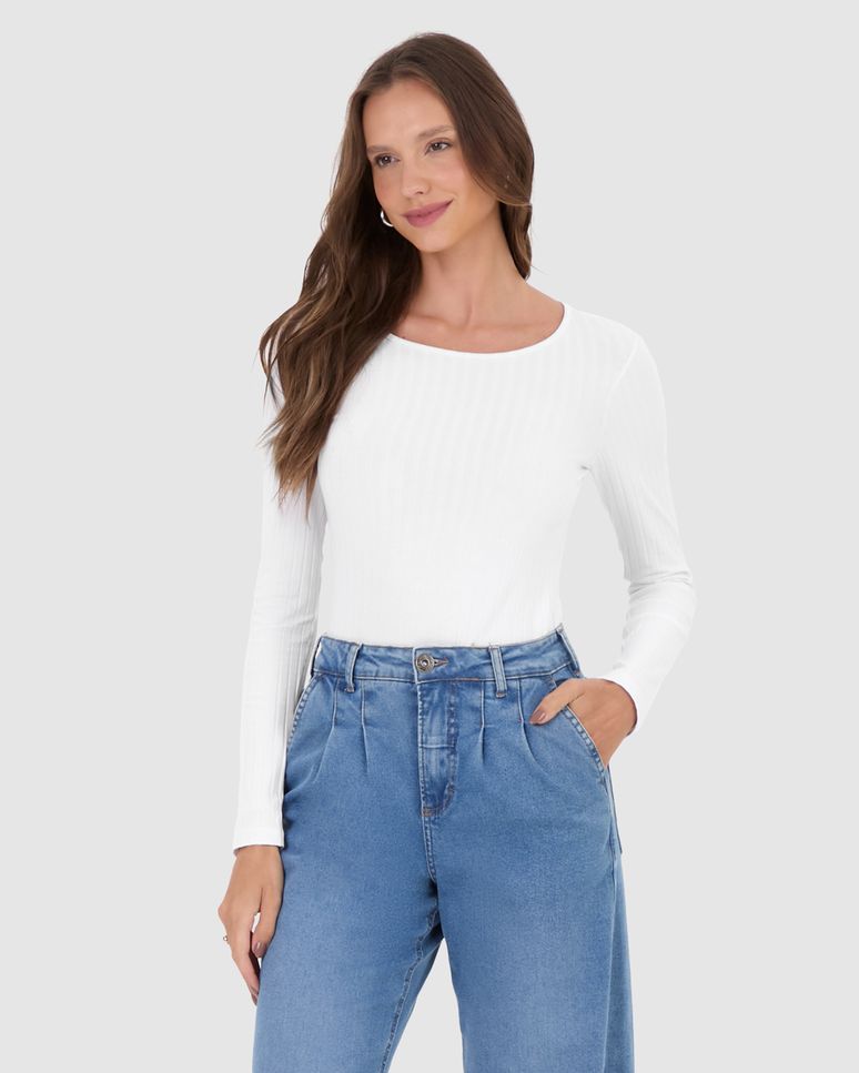 Blusa Básica Feminina Manga Longa Em Malha Canelada De Viscose