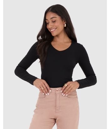 Blusa Básica Feminina Gola V Manga Longa Em Viscose Stretch