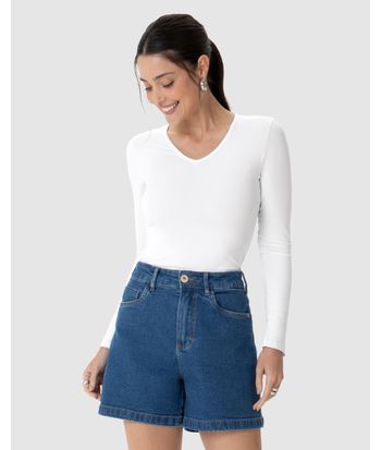 Blusa Básica Feminina Gola V Manga Longa Em Viscose Stretch