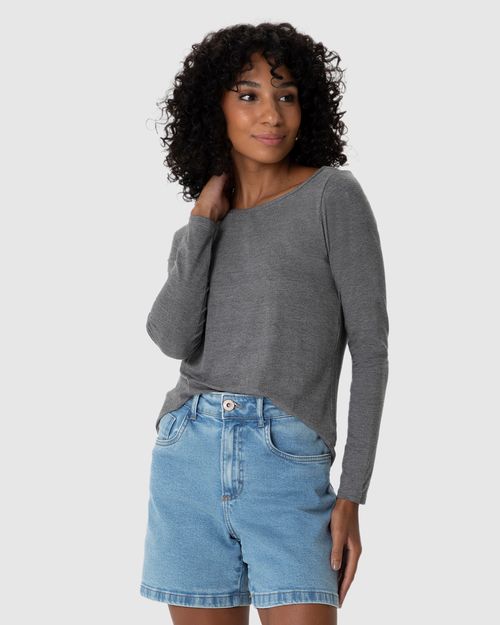 Blusa Básica Feminina Manga Longa Decote Canoa Em Viscose Stretch