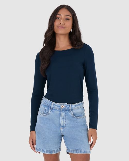 Blusa Básica Feminina Manga Longa Decote Canoa Em Viscose Stretch