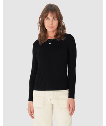 Blusa Básica Feminina Manga Longa Decote Canoa Em Viscose Stretch