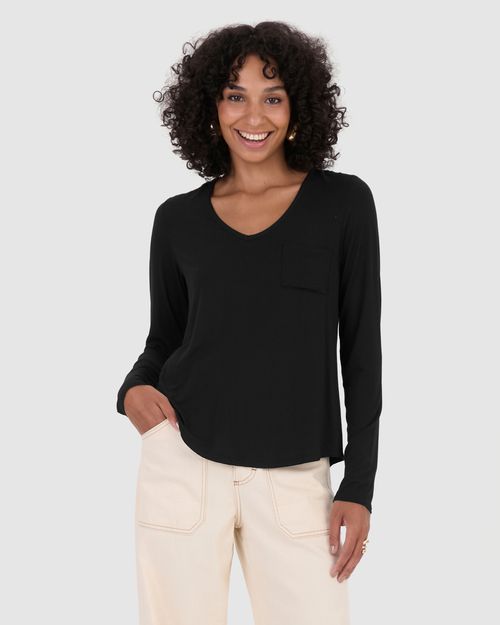 Blusa Feminina Decote V Bolso Funcional Em Viscose Stretch
