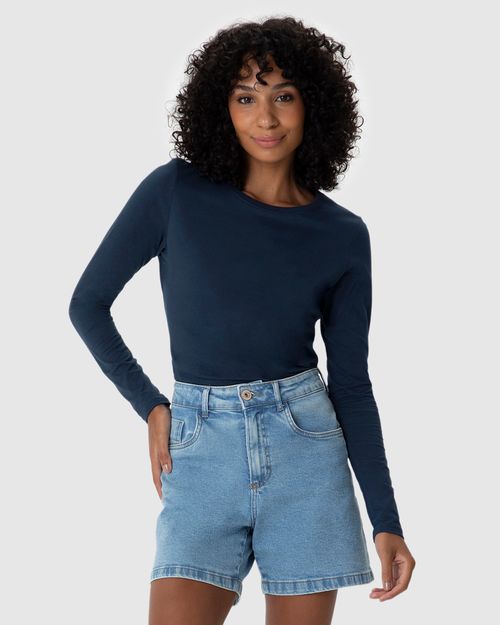 Blusa Básica Feminina Decote Redondo Manga Longa Em Algodão