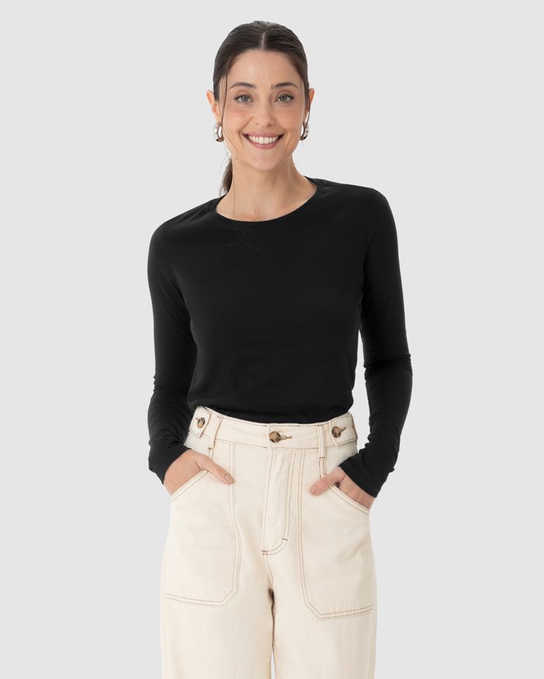 Blusa Básica Feminina Decote Redondo Manga Longa Em Algodão