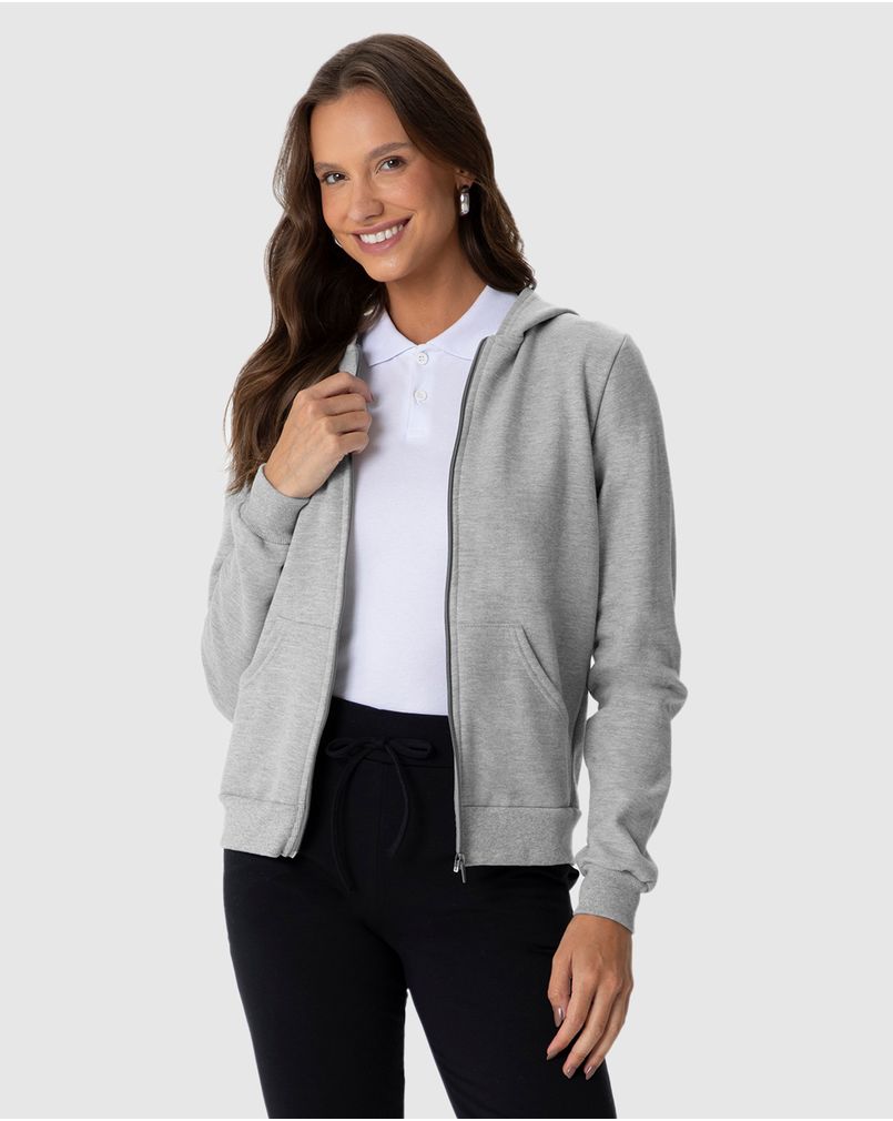 Jaqueta Básica Feminina Com Capuz Moletom Flanelado Cinza Claro