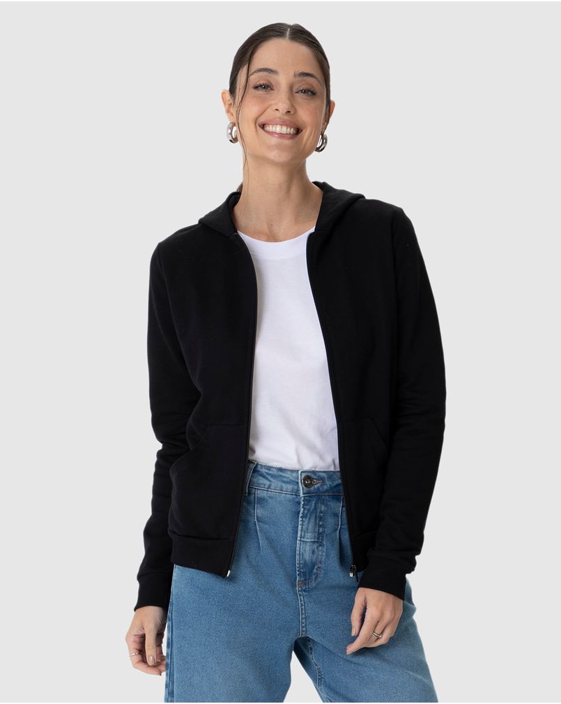 Jaqueta Básica Feminina Com Capuz Moletom Flanelado Preto P Malwee