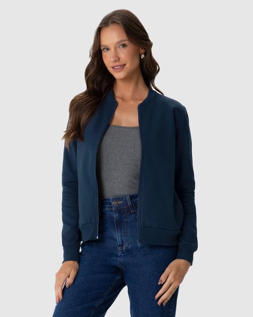 Jaqueta Básica Feminina Bolso Lateral Em Moletom Flanelado