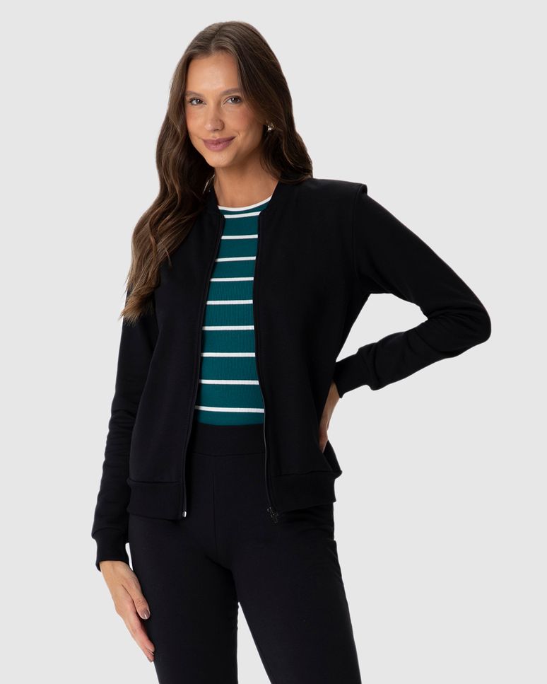 Jaqueta Básica Feminina Bolso Lateral Em Moletom Flanelado