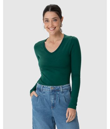 Blusa Básica Feminina Gola V Manga Longa Em Algodão
