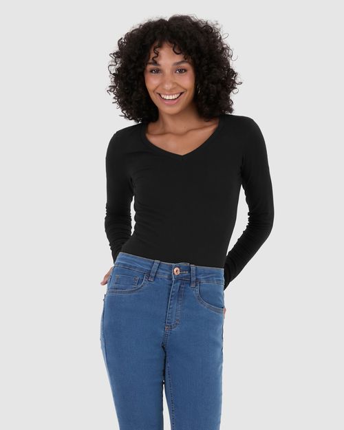Blusa Básica Feminina Gola V Manga Longa Em Algodão