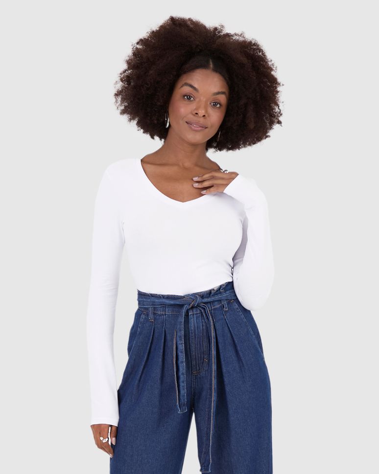 Blusa Básica Feminina Gola V Manga Longa Em Algodão