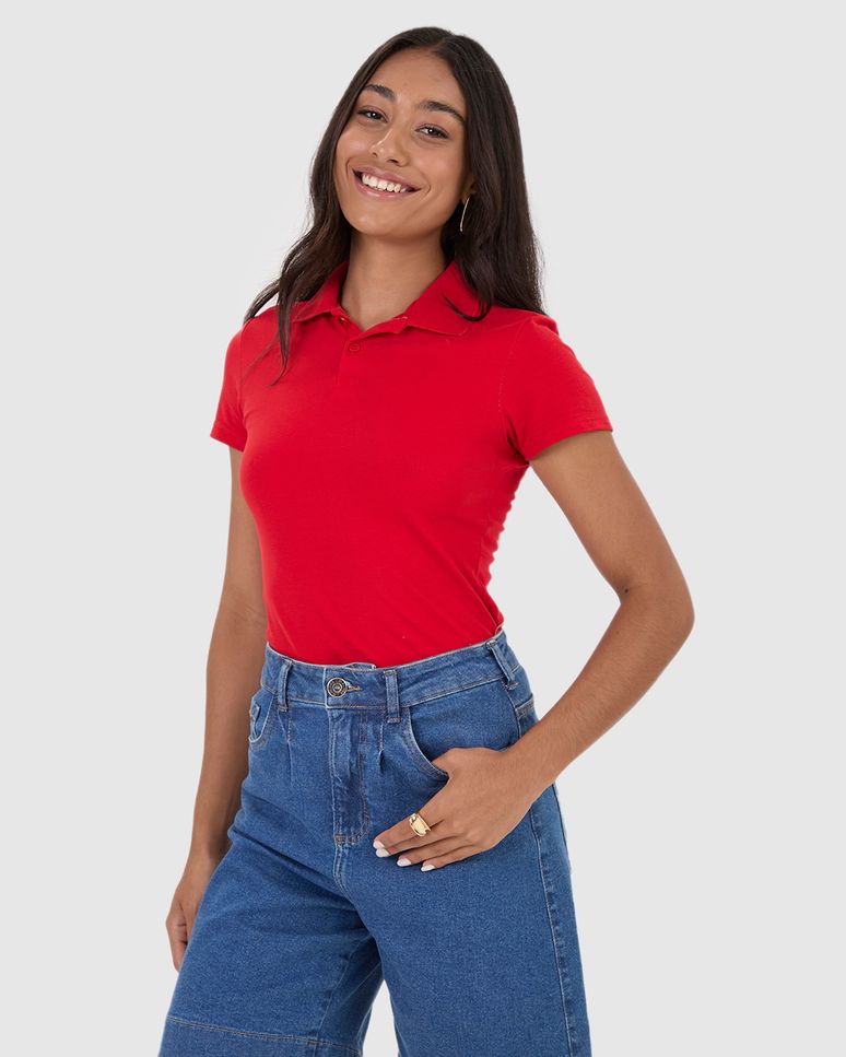 Blusa Polo Básica Feminina Com Peitilho Em Piquet Stretch