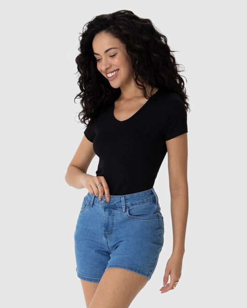Blusa Básica Feminina Decote V Em Viscose Stretch