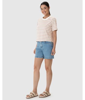 Blusa Feminina Listrada Manga Curta Em Algodão