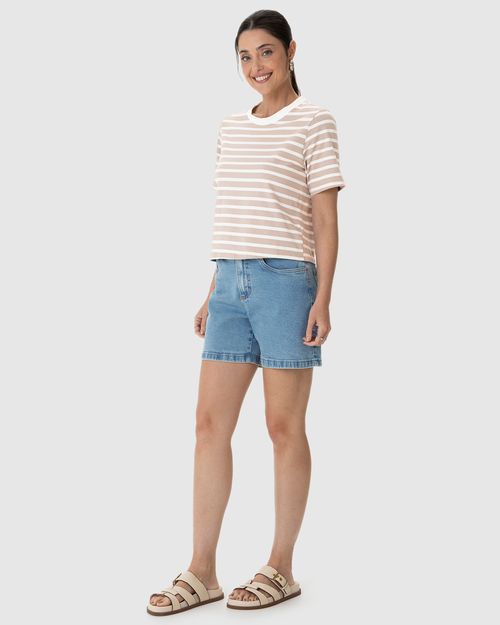 Blusa Feminina Listrada Manga Curta Em Algodão