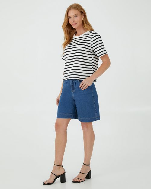 Blusa Feminina Listrada Manga Curta Em Algodão