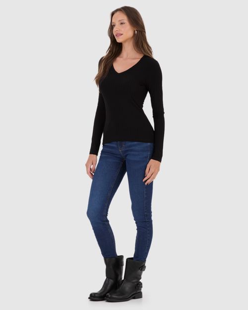 Blusa Básica Feminina Decote V Manga Longa Em Malha Canelada De Viscose