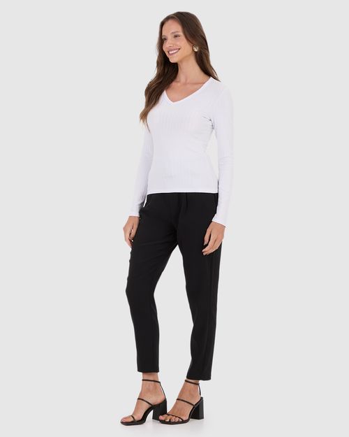 Blusa Básica Feminina Decote V Manga Longa Em Malha Canelada De Viscose