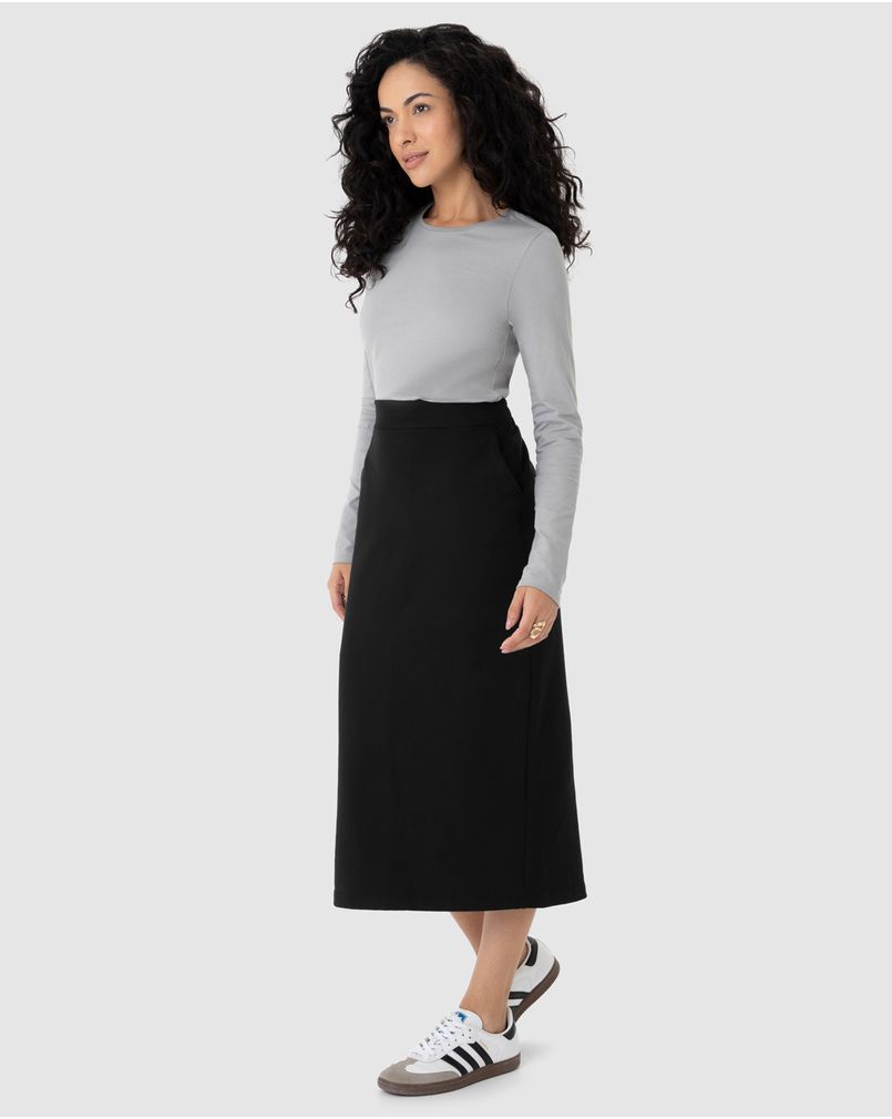 Saia Midi Feminina Fenda Costas Em Moletom Stretch Flanelado PRETO
