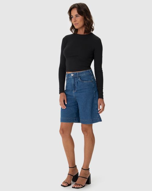Blusa Cropped Feminina Decote Redondo Manga Longa Em Algodão