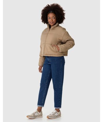 Jaqueta Puffer Feminina Cropped Gola Alta Em Nylon