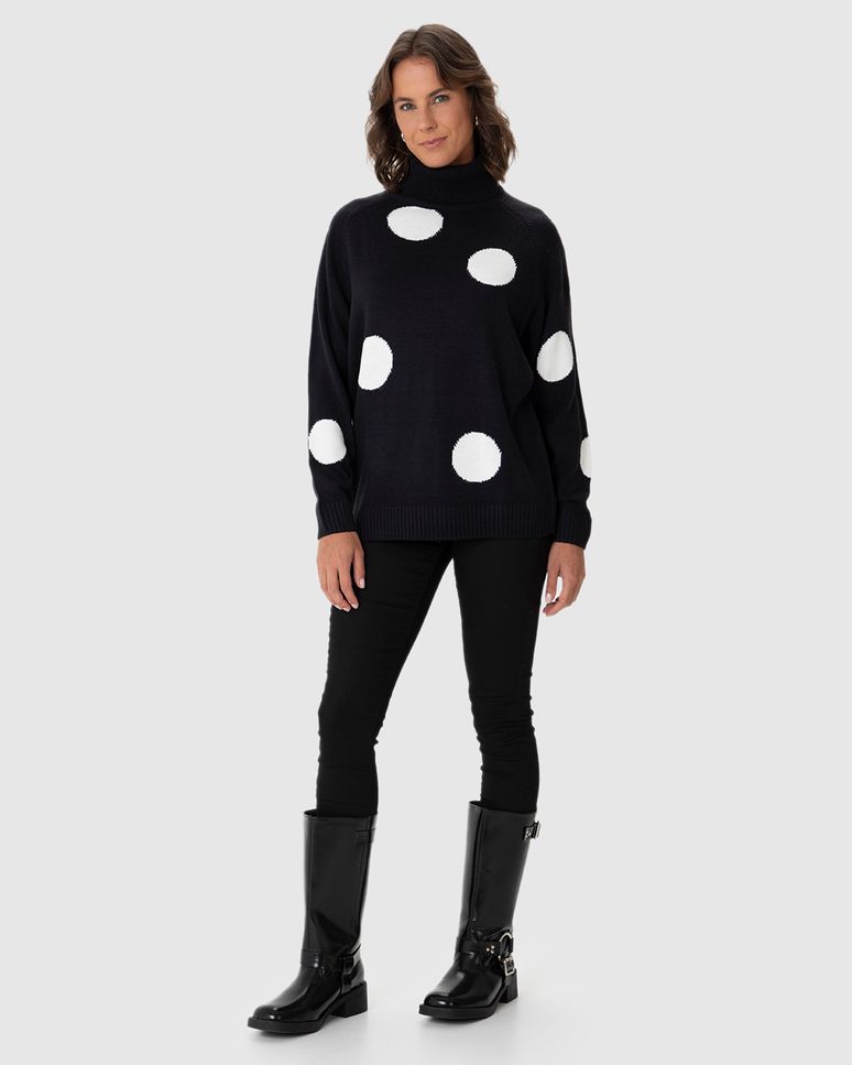 Suéter Feminino Longo Gola Alta Poá Gola Alta Em Tricô