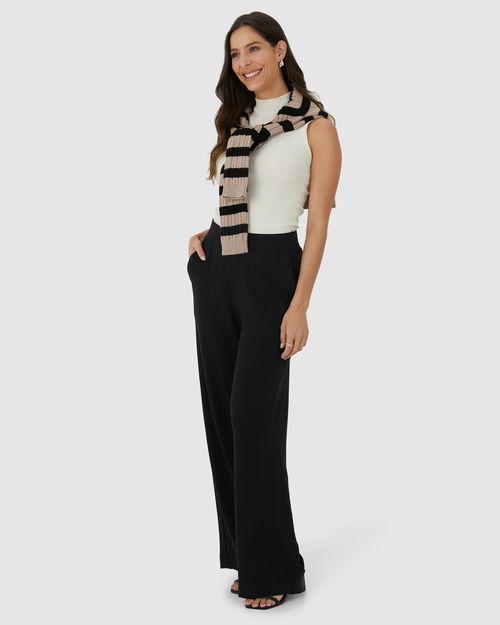 Calça Wide Leg Feminina Cintura Alta Em Malha Canelada De Viscose