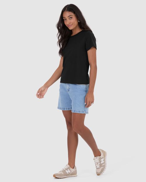 Blusa Básica Feminina Decote Redondo Com Pesponto Em Algodão