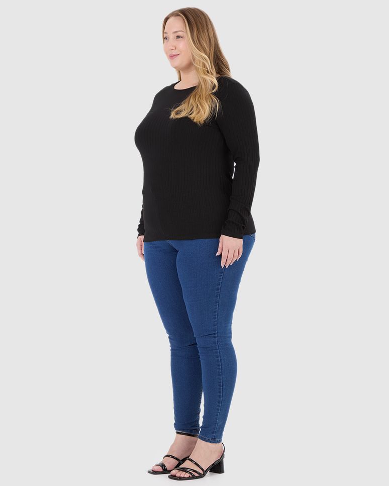 Blusa Básica Feminina Plus Size Manga Longa Em Canelado De Viscose