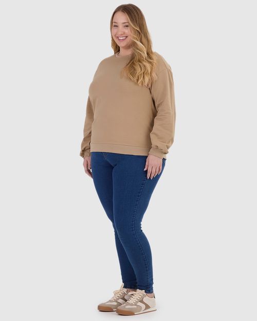 Blusão Básico Feminino Plus Size Decote Redondo Em Moletom Stretch Flanelado
