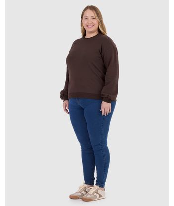 Blusão Básico Feminino Plus Size Decote Redondo Em Moletom Stretch Flanelado