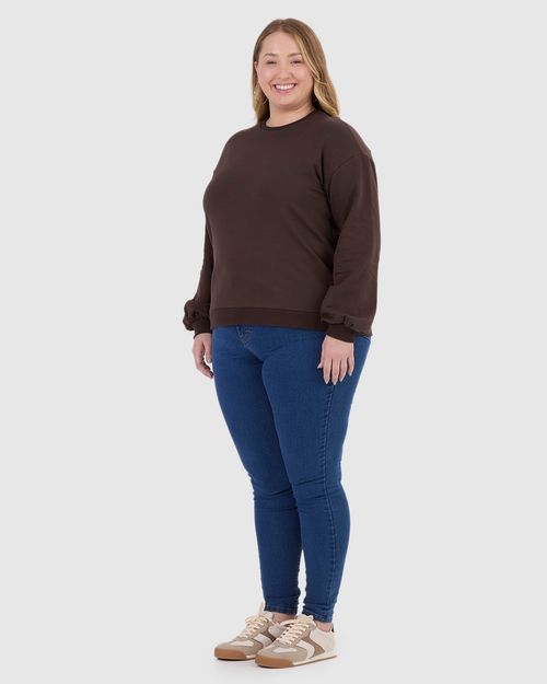 Blusão Básico Feminino Plus Size Decote Redondo Em Moletom Stretch Flanelado
