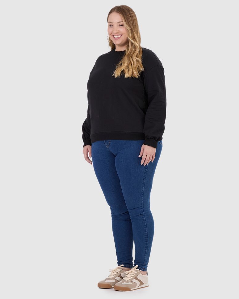 Blusão Básico Feminino Plus Size Decote Redondo Em Moletom Stretch Flanelado