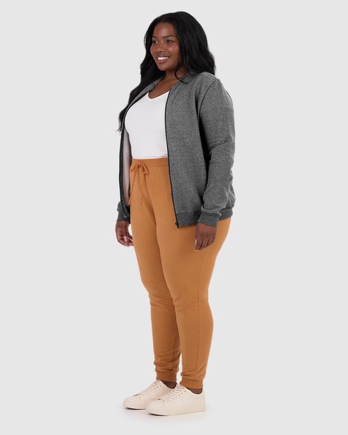 Jaqueta Básica Feminina Plus Size Gola Canelada Em Moletom Flanelado