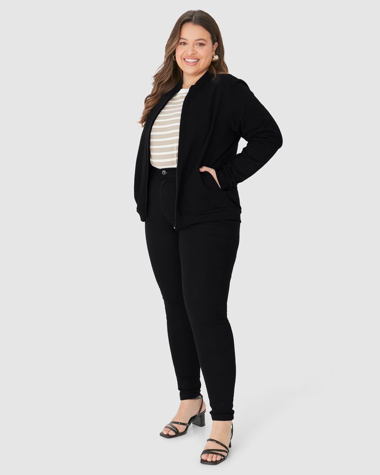 Jaqueta Básica Feminina Plus Size Gola Canelada Em Moletom Flanelado