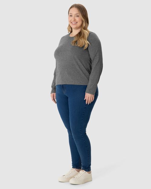 Blusa Básica Feminina Plus Size Manga Longa Em Algodão