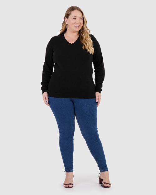 Suéter Básico Feminino Plus Size Gola V Em Tricô