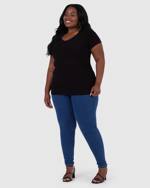 Blusa Básica Feminina Plus Size Decote V Em Canelado De Viscose