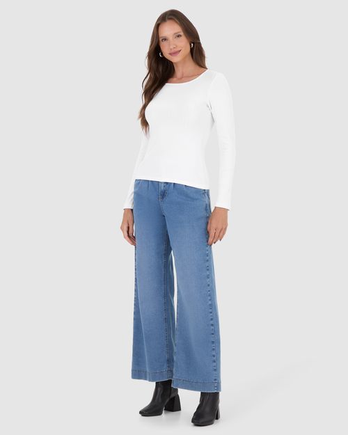 Blusa Básica Feminina Manga Longa Em Malha Canelada De Viscose