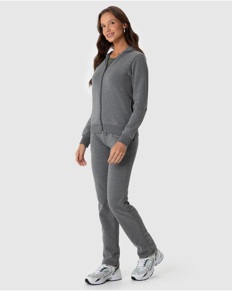 Jaqueta Básica Feminina Com Capuz Moletom Stretch Flanelado Cinza