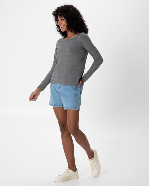 Blusa Básica Feminina Manga Longa Decote Canoa Em Viscose Stretch