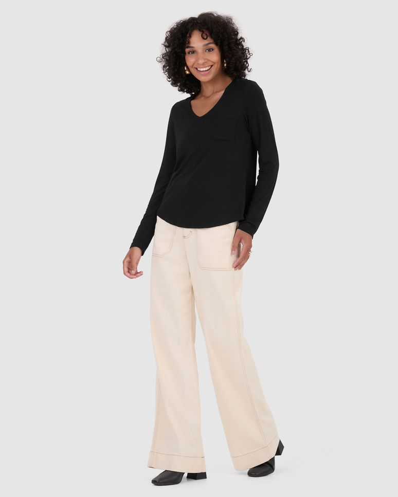 Blusa Feminina Decote V Bolso Funcional Em Viscose Stretch