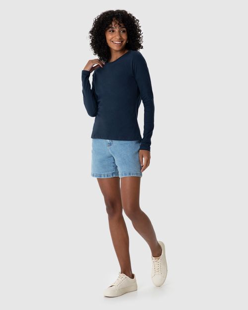 Blusa Básica Feminina Decote Redondo Manga Longa Em Algodão