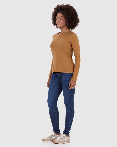 Blusa Básica Feminina Decote Redondo Manga Longa Em Algodão