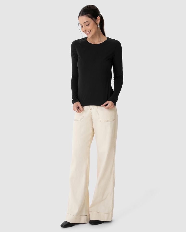 Blusa Básica Feminina Decote Redondo Manga Longa Em Algodão