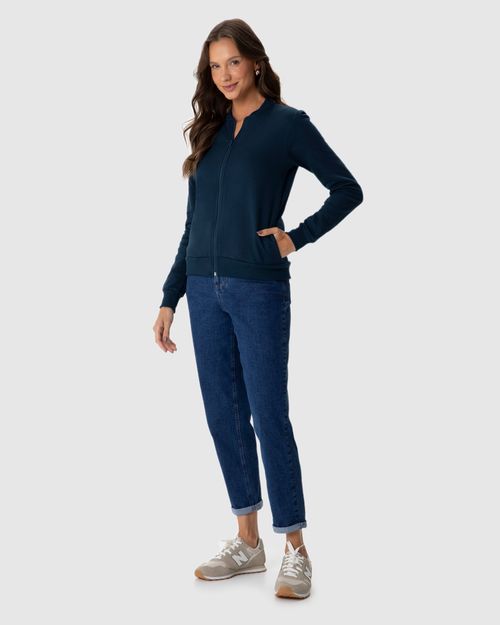 Jaqueta Básica Feminina Bolso Lateral Em Moletom Flanelado