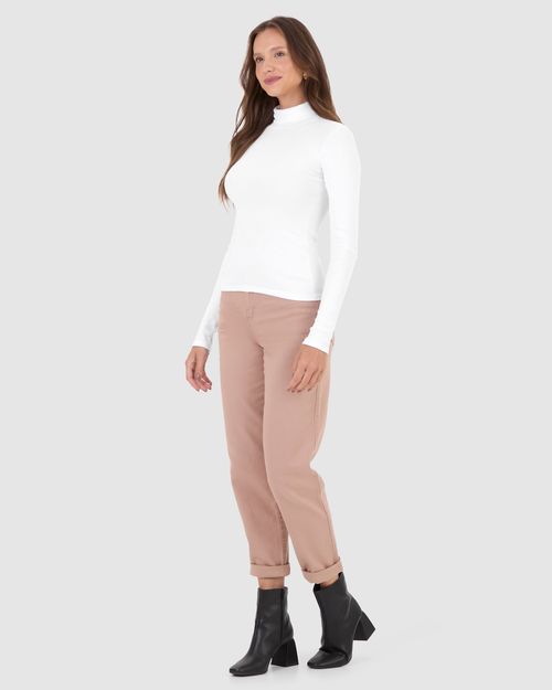 Blusa Básica Feminina Gola Alta Manga Longa Em Ribana
