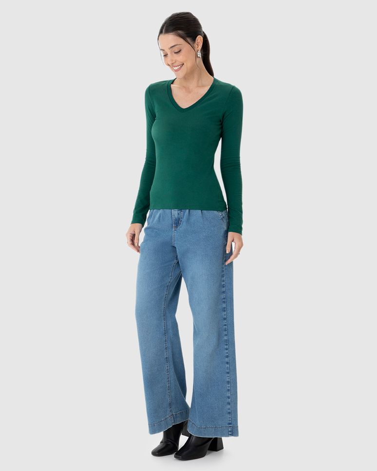 Blusa Básica Feminina Gola V Manga Longa Em Algodão