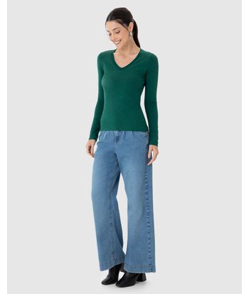 Blusa Básica Feminina Gola V Manga Longa Em Algodão